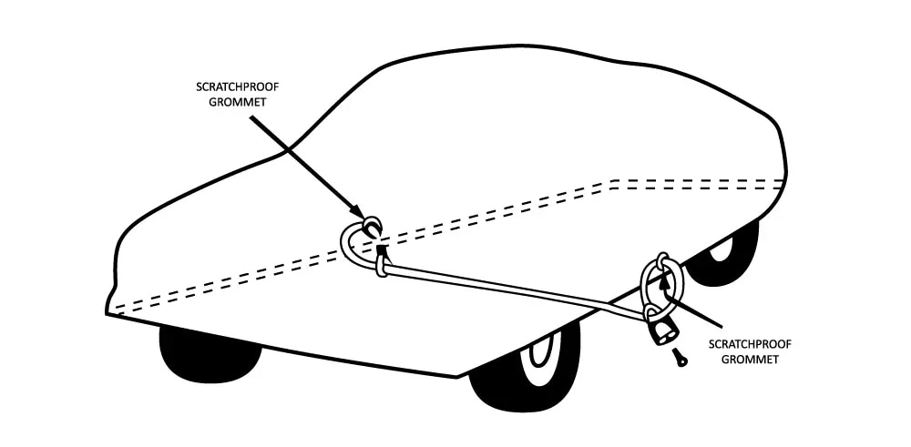 Step-by-step installation guide for a car cover cable lock, demonstrating threading the cable through grommets, securing the lock, and ensuring a snug fit